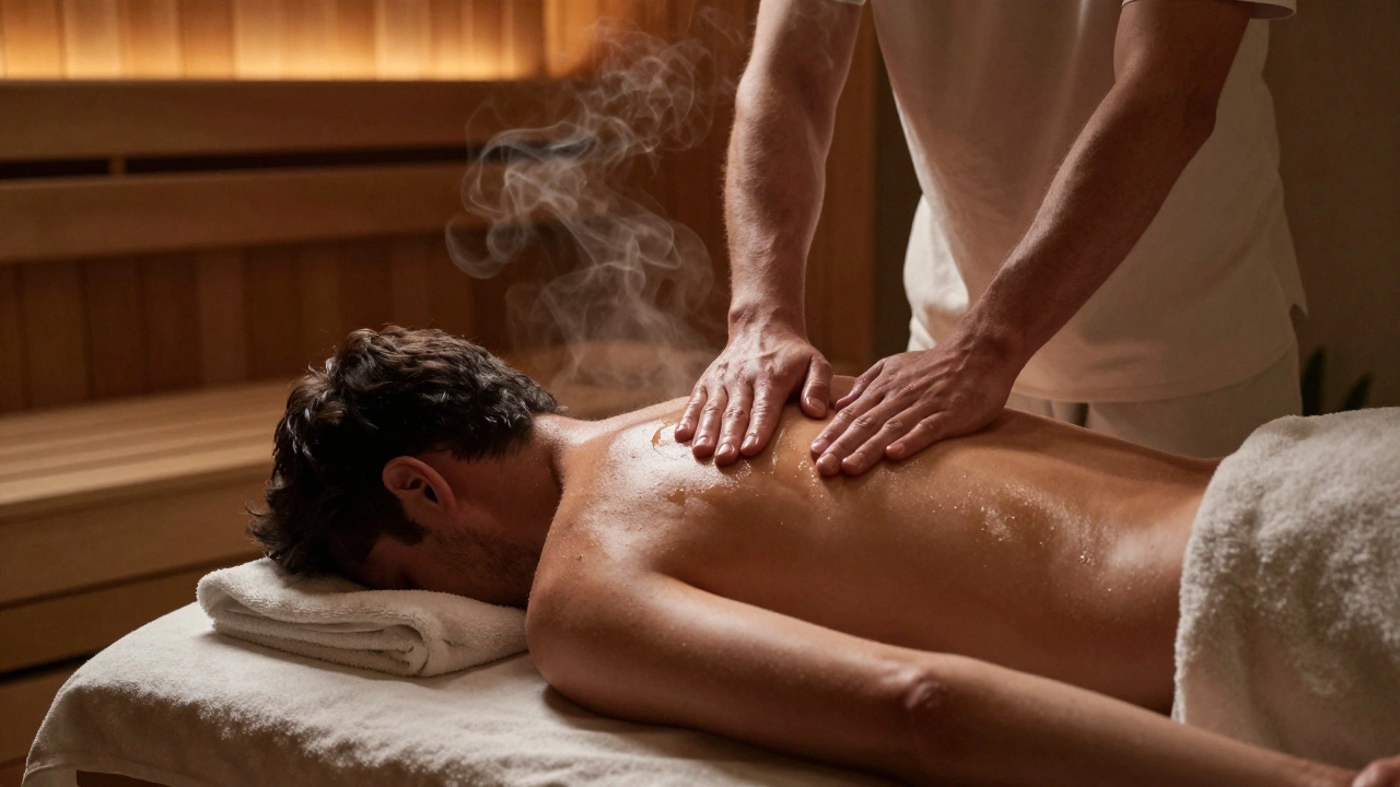 Массажист оказывает давление на спину мужчины на кушетке, тепло и пар вокруг, атмосфера спокойствия.