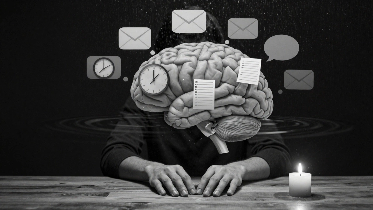 Мозг с рассеивающимися мыслями, руки на столе, свеча горит в тишине.