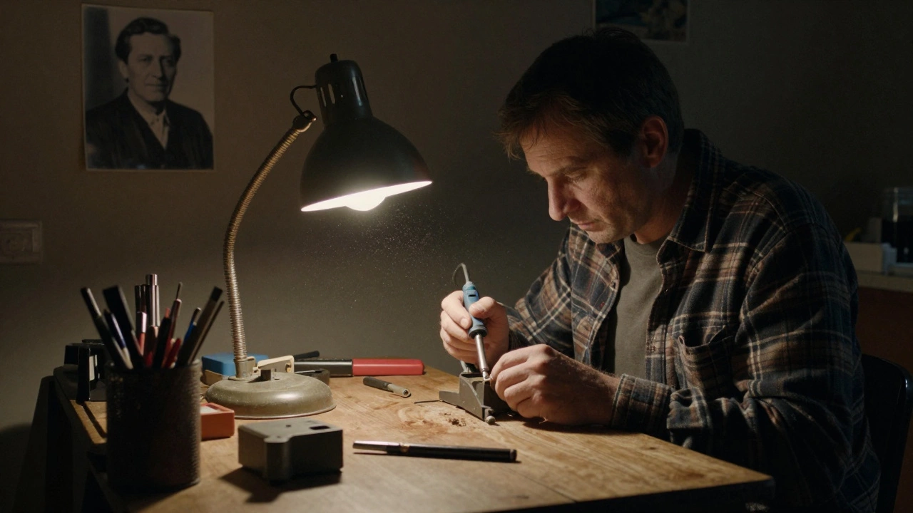 Мужчина чинит лампу в гараже, инструменты и тёплый свет.