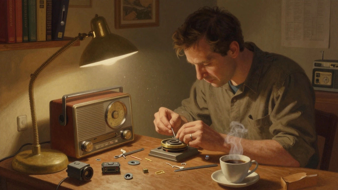 Мужчина чинит старый радиоприемник на деревянном столе с инструментами и кофе.