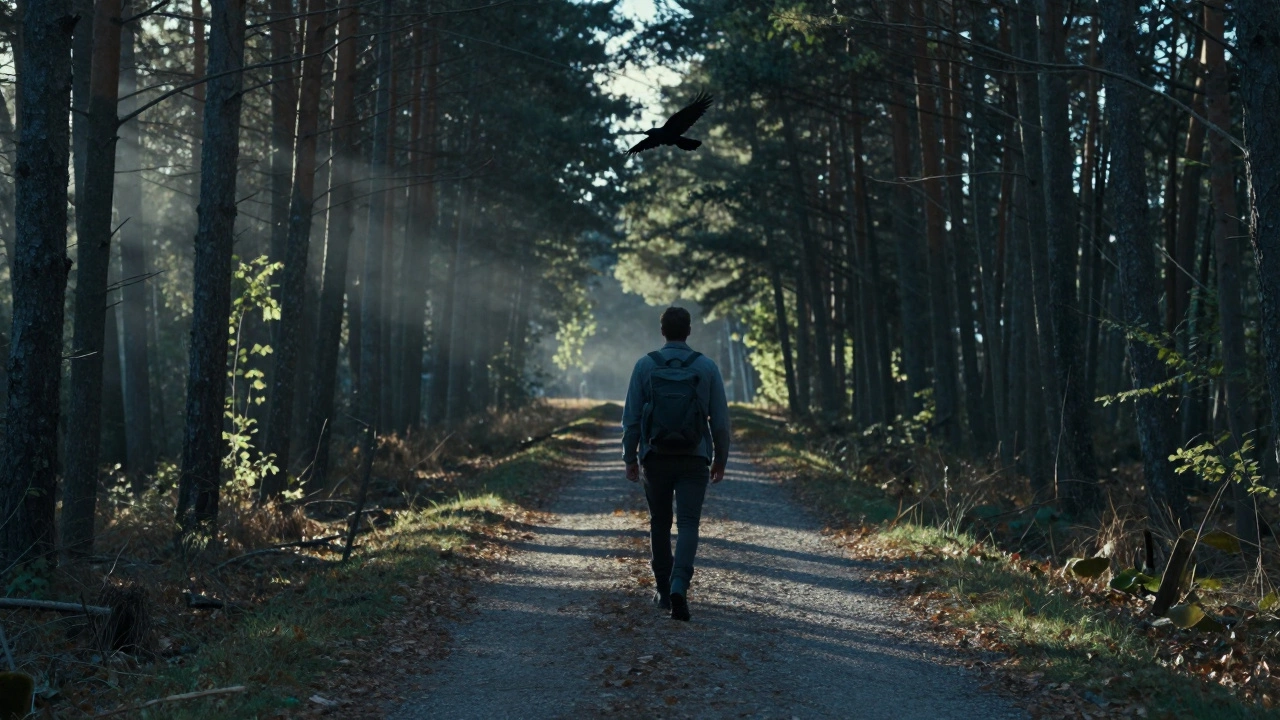 Мужчина идёт по лесной тропе на закате, рюкзак и тишина вокруг.