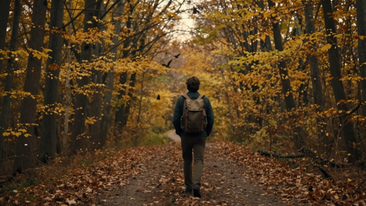 Мужчина идёт по лесу осенью, без телефона, в одиночестве и спокойствии.