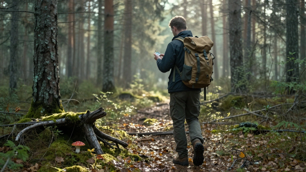 Мужчина идет по лесу с компасом, солнечный свет сквозь сосны, без телефона.
