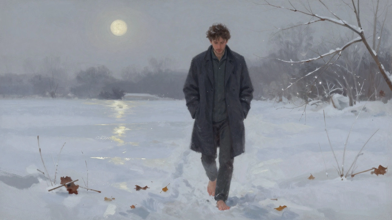 Мужчина идет по снегу без цели, в тишине, без наушников и гаджетов.