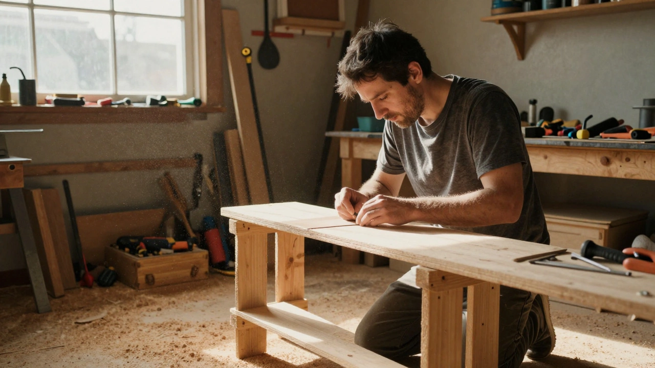 Мужчина мастерит деревянную полку в гараже, видны опилки и инструменты.