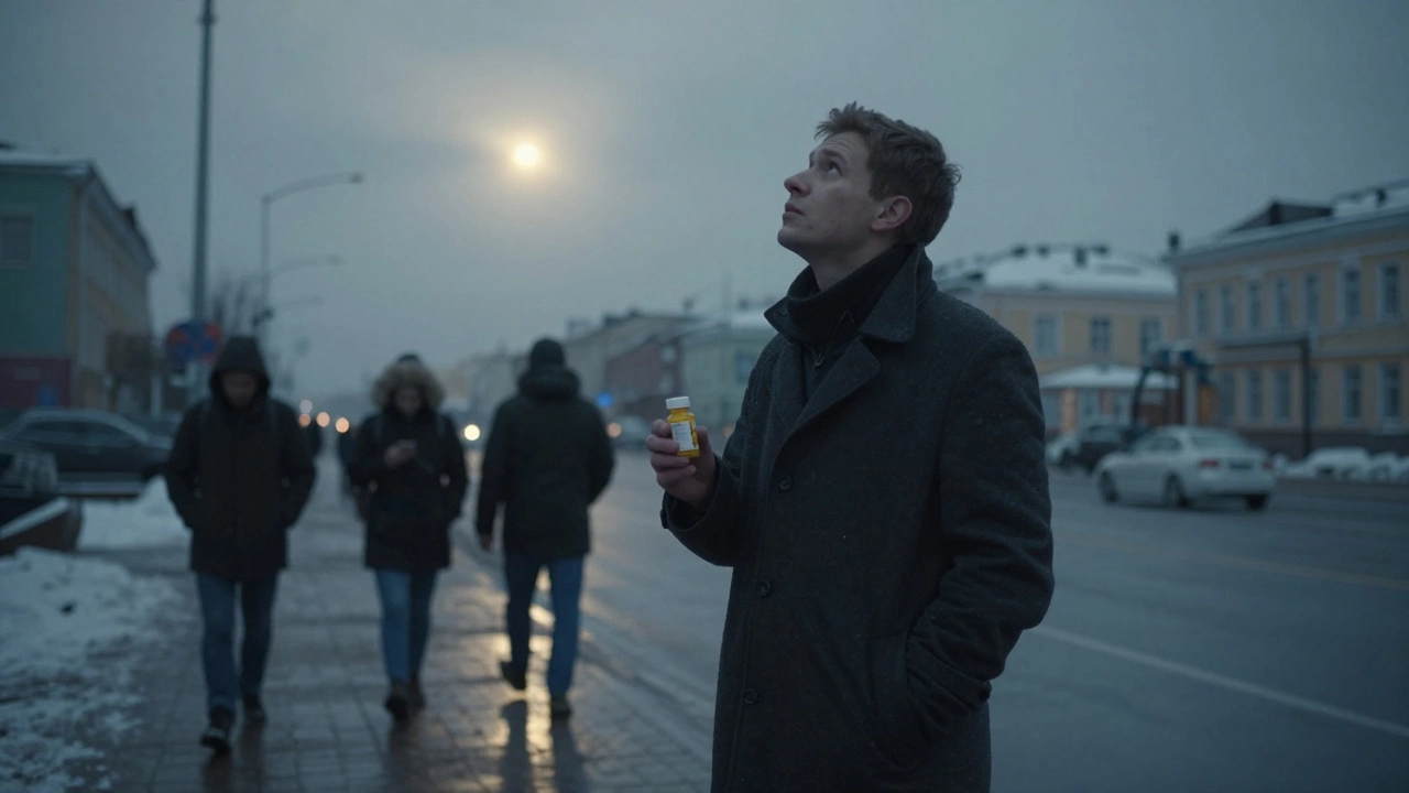 Мужчина в зимнем городе смотрит на слабое солнце, держа в руке бутылку витамина D3.