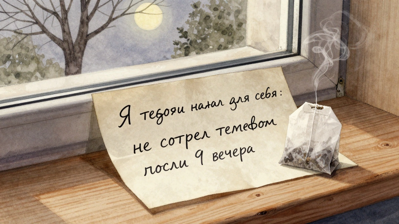 Рукописная записка с фразой о заботе о себе, чайный пакетик и лунный свет за окном.