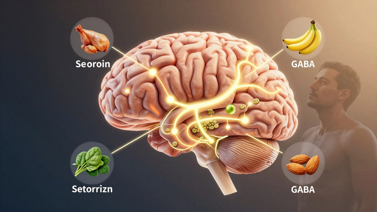 Схема мозга с нейромедиаторами, связанными с продуктами питания, поддерживающими спокойствие.