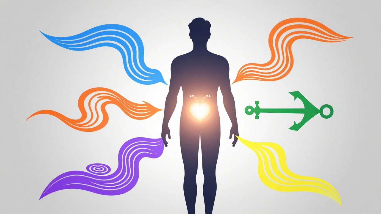 Силуэт мужчины с пятью визуальными элементами, символизирующими техники шведского массажа, сияющий центр — восстановление.