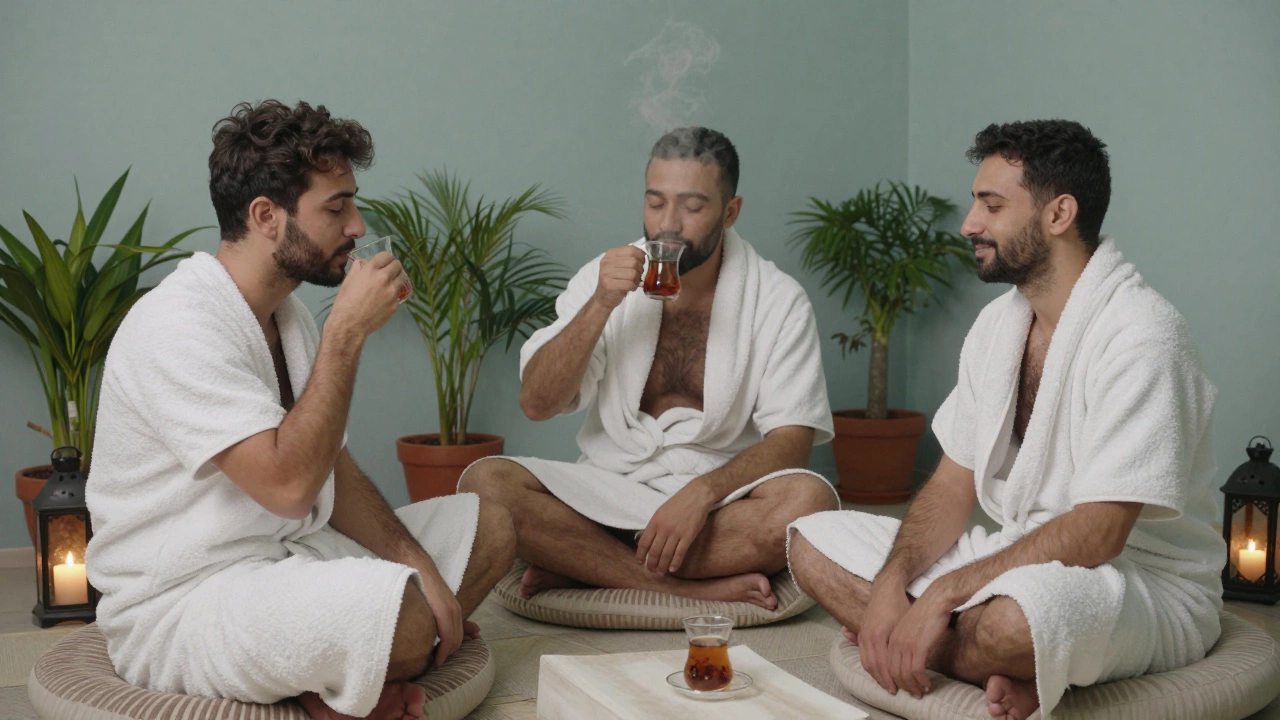 Трое мужчин отдыхают после хамама в тихой зоне, пьют чай, один закрыл глаза, атмосфера спокойствия и связи.