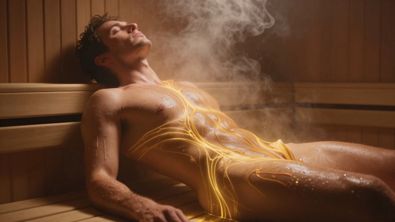 Абстрактное изображение тепла и кровотока в теле после сауны, подчеркивающее физиологическую реакцию.
