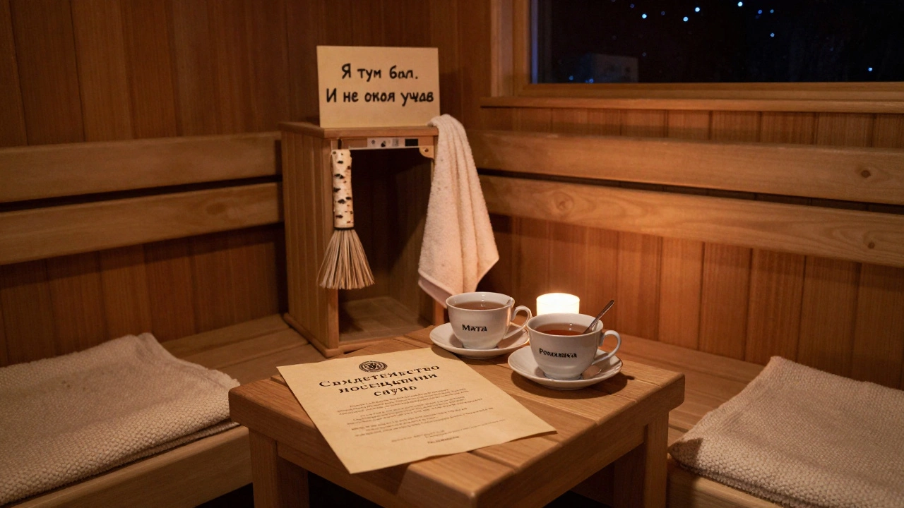 Бумажное свидетельство посещения сауны рядом с двумя чашками чая, фон — фото-зона с веником и надписью 'Я тут был.'