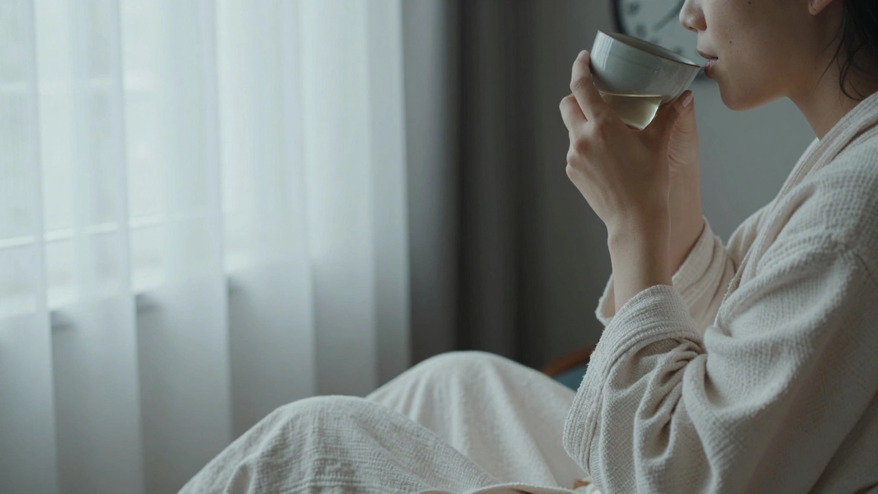 Человек пьёт тёплую воду, лежа на полу у окна, лёгкая ткань колышется от сквозняка, вдали виден часы, показывающие время отдыха.