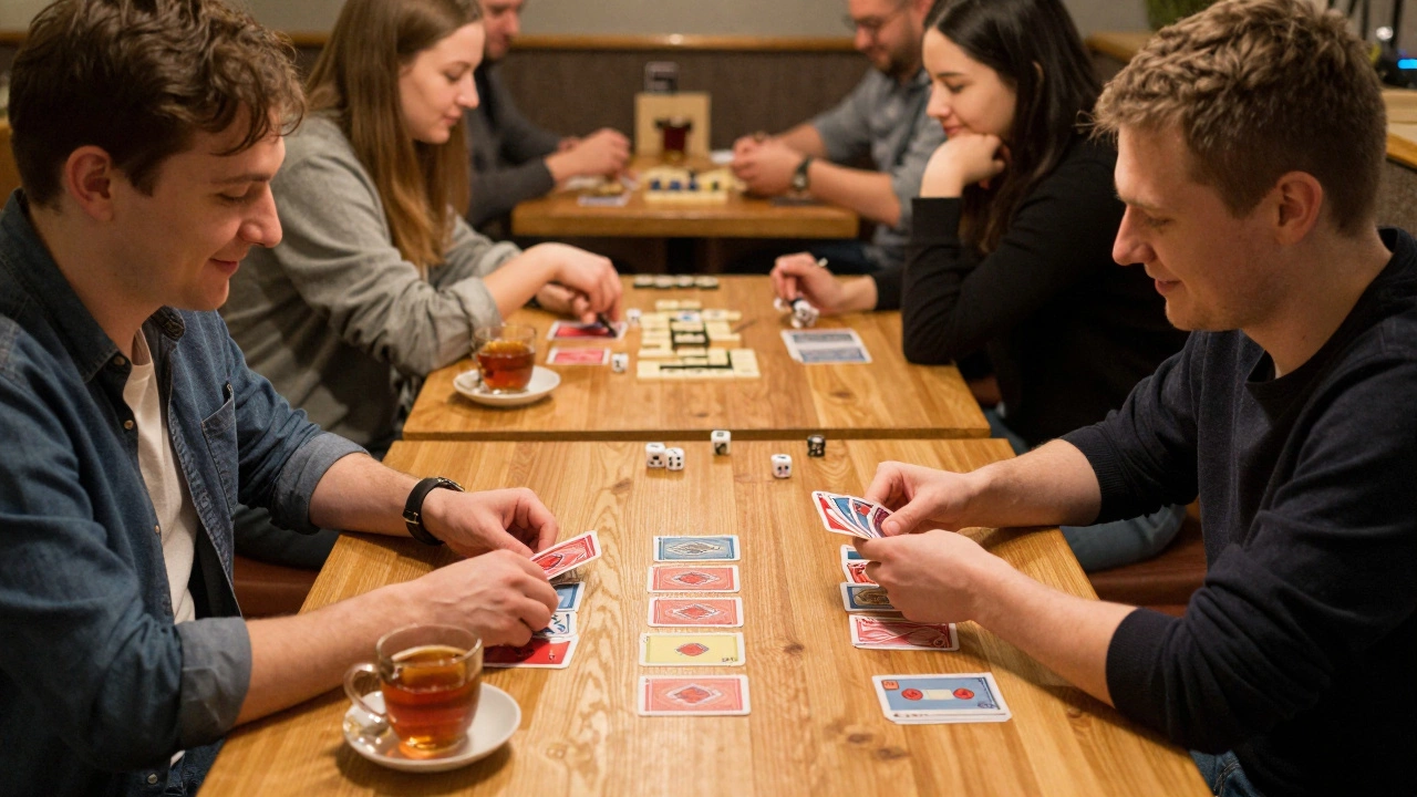Два человека играют в настольную игру в уютном кафе, рядом чашка чая.