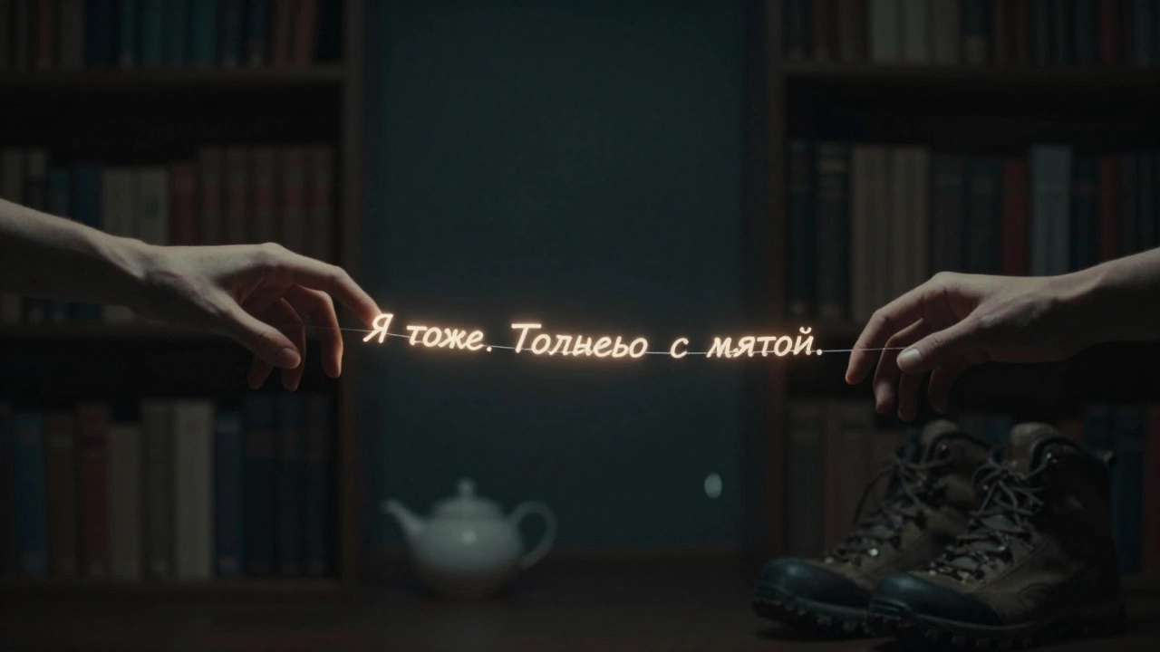 Две руки тянутся друг к другу через тьму, соединённые светящимся текстом: 'Я тоже. Только с мятой.'
