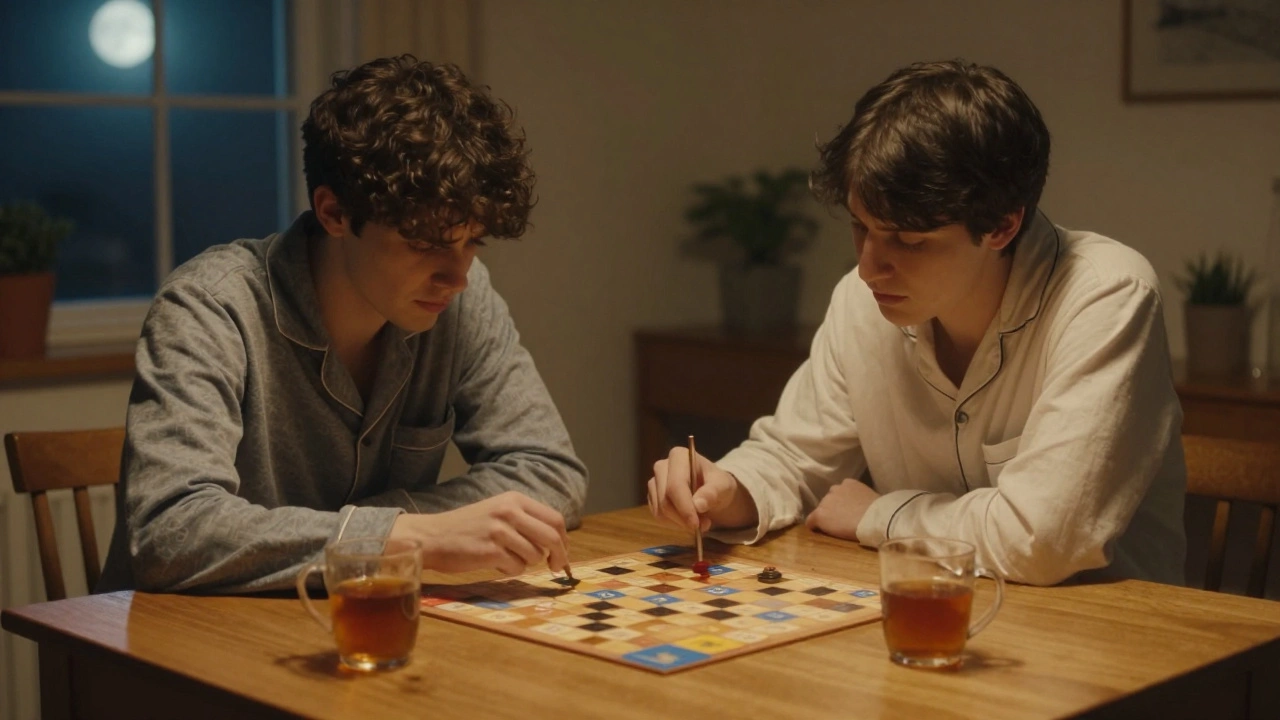 Двое играют в настольную игру поздно ночью в пижамах, без телефонов, только тишина и тепло комнаты.