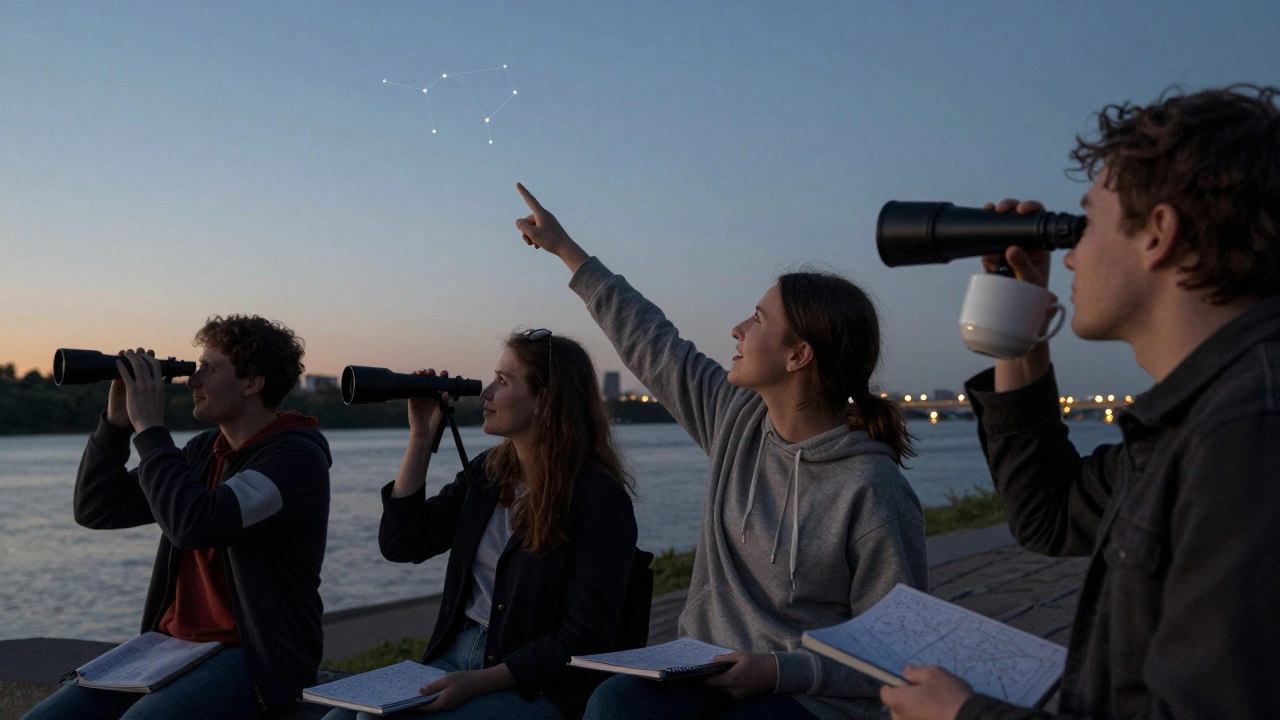 Группа людей смотрит на звёзды через телескопы у реки в сумерках.
