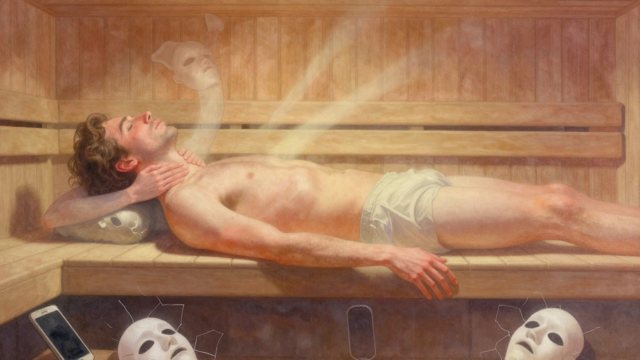 Концептуальное изображение: мужчина в сауне расслабляется под нежным прикосновением, символизирующим снятие напряжения и масок.