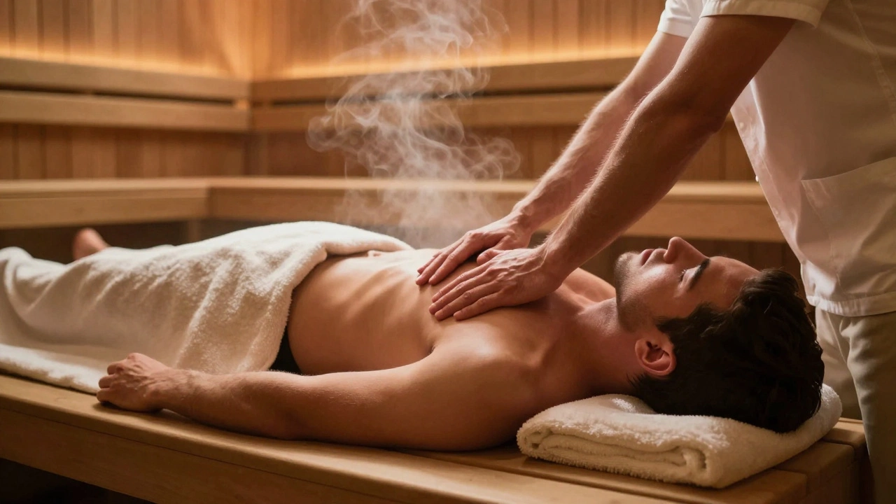 Массажист мягко массирует мужчину в комнате отдыха после сауны, фокус на расслаблении, а не на эротике.