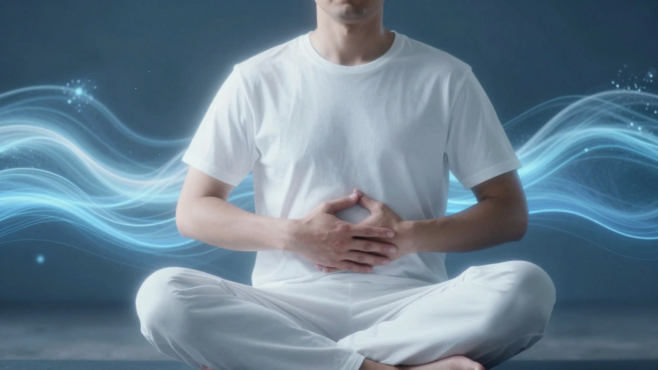 Мужчина делает диафрагмальное дыхание, ладонь на животе, спокойное выражение лица