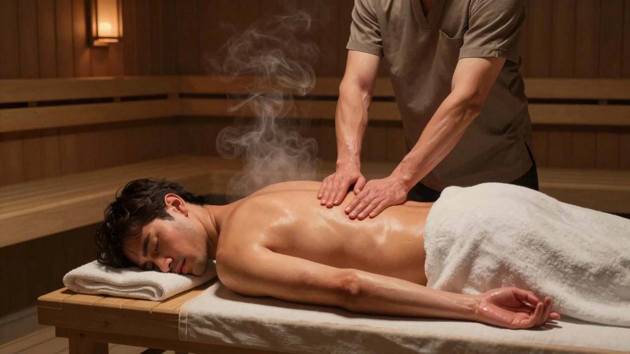 Мужчина лежит на деревянном столе, массажист выполняет глубокий массаж спины в парилке с легким паром.
