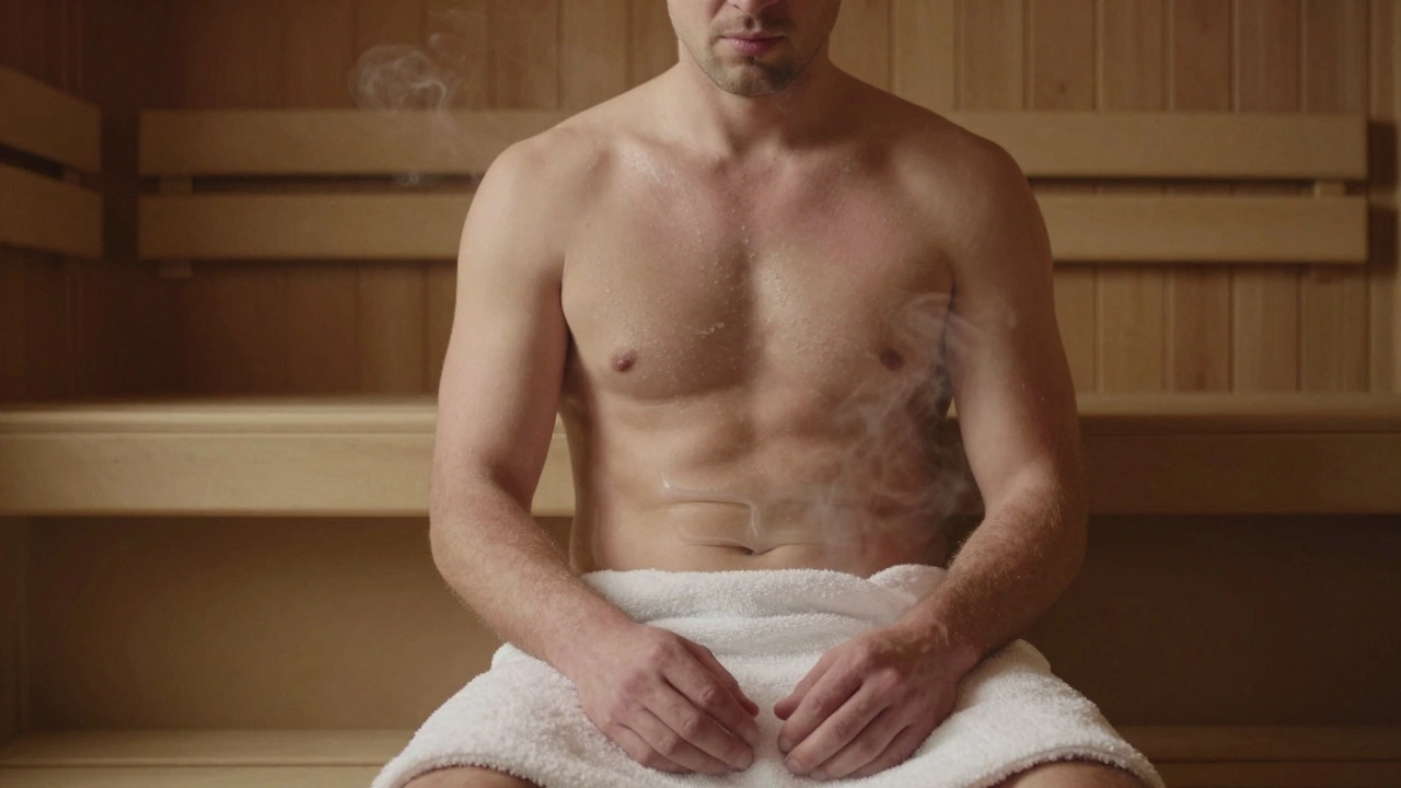 Мужчина после сауны, тихо сидит на скамейке, символизируя восстановление.