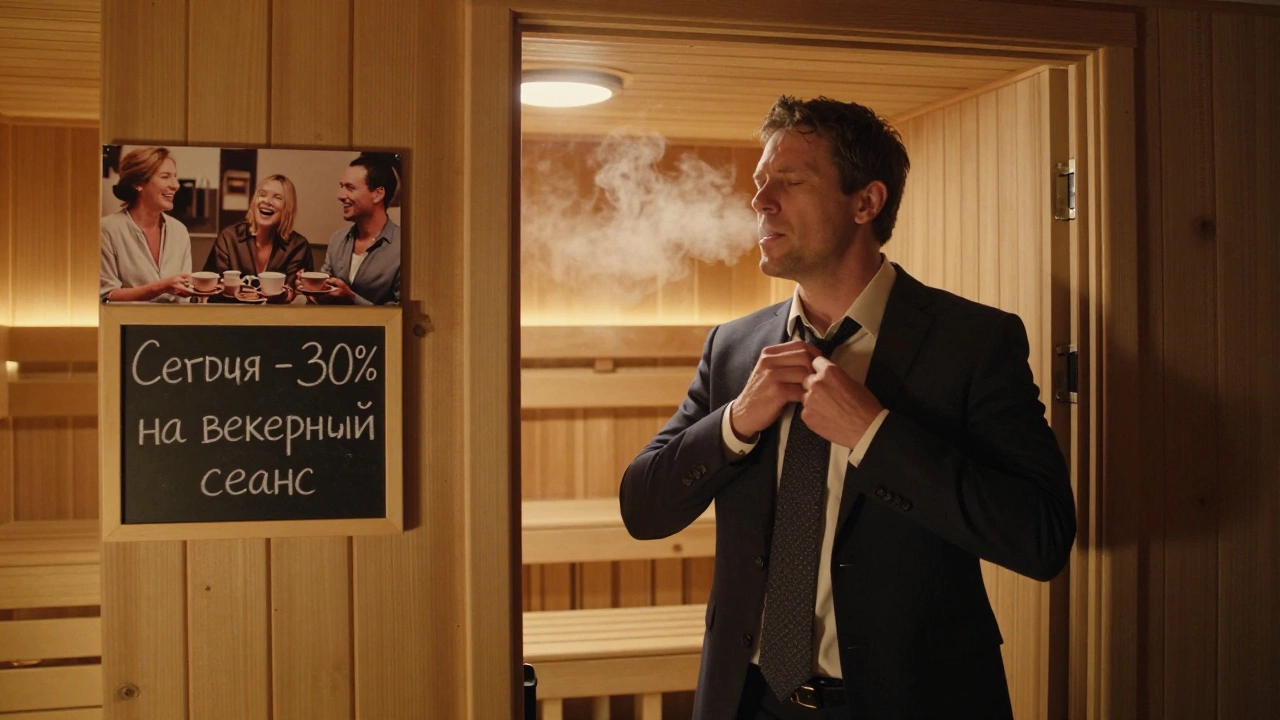 Мужчина снимает галстук у двери сауны, за окном — улыбающиеся гости внутри, мягкий пар и золотистый свет.