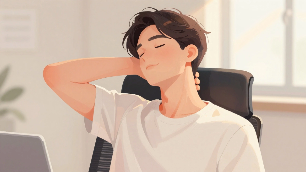 Мужчина выполняет растяжку шеи, наклонив голову вправо, расслабленное лицо