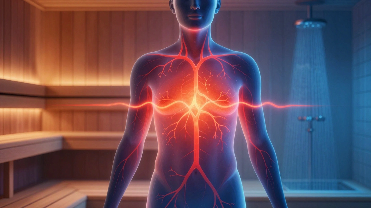 Силуэт человека с тёплым свечением внутри и холодным оттенком на коже, символизирующий постепенное восстановление температуры тела.