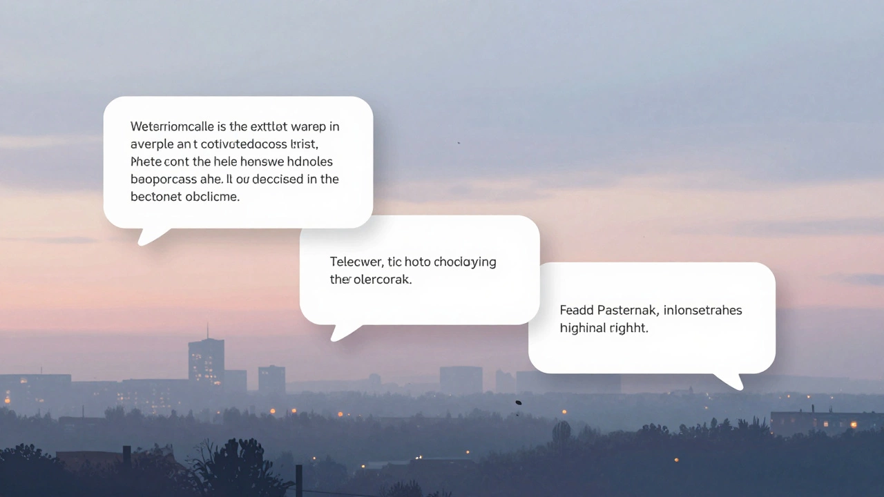 Три чат-бабблы с текстом о походах, радио и поэзии, плавающие в туманном городском пейзаже.