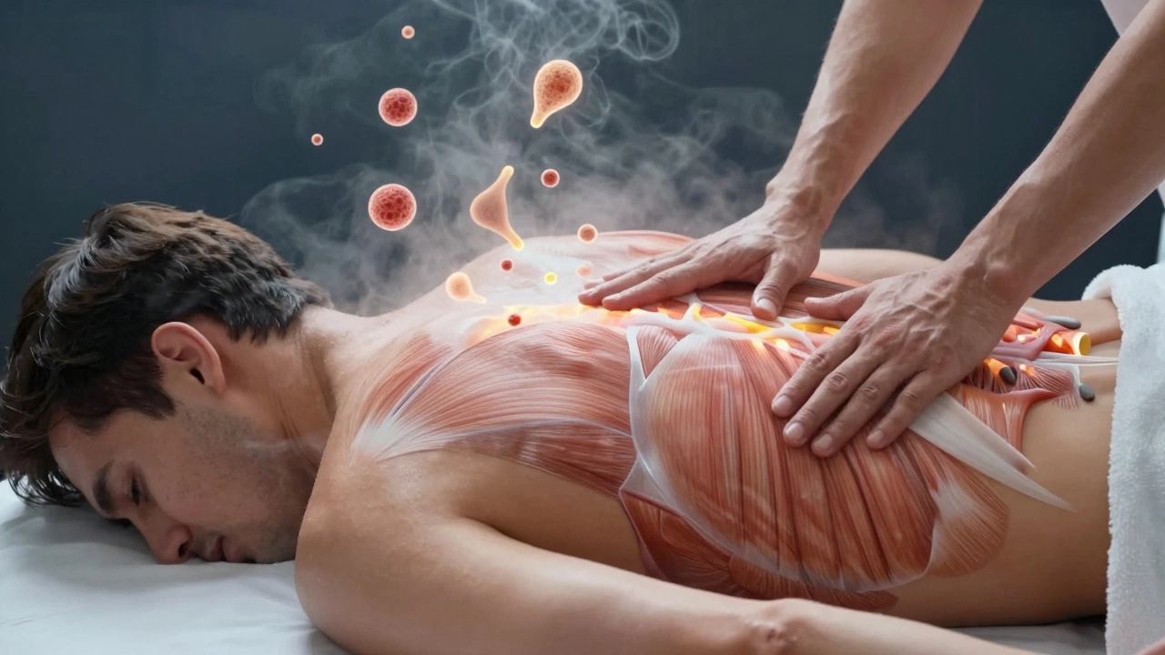 Абстрактное изображение расслабляющихся мышц и улучшенного кровотока в спине под воздействием тепла и массажа.