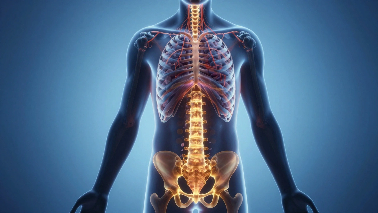 Абстрактное изображение тела с золотыми потоками энергии от простаты к мозгу, символизирующее восстановление гормонального баланса.