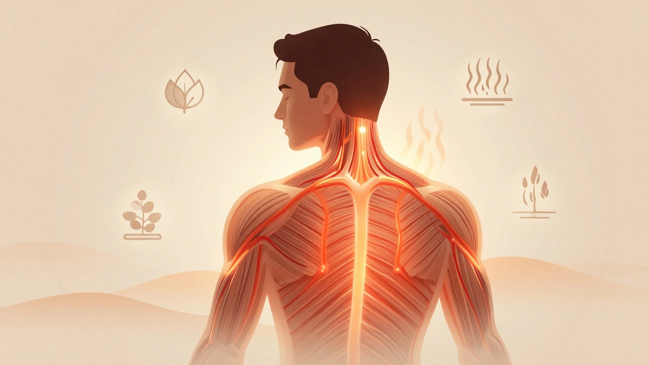 Абстрактное изображение тепла и кровотока в мышцах мужчины после саунного массажа.