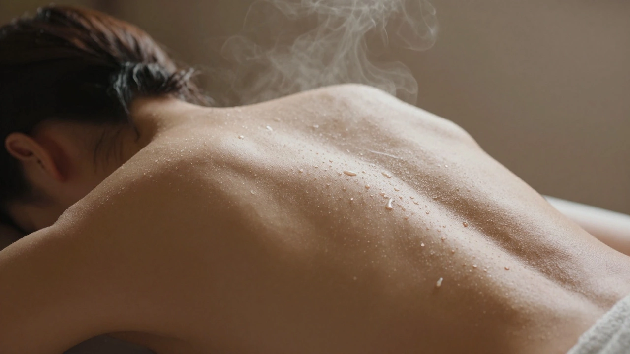 Ближний план спины с каплей пота, мягкий свет подчеркивает расслабленные мышцы.