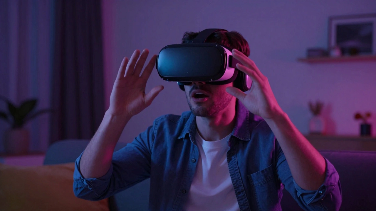 Человек в очках виртуальной реальности в уютной комнате