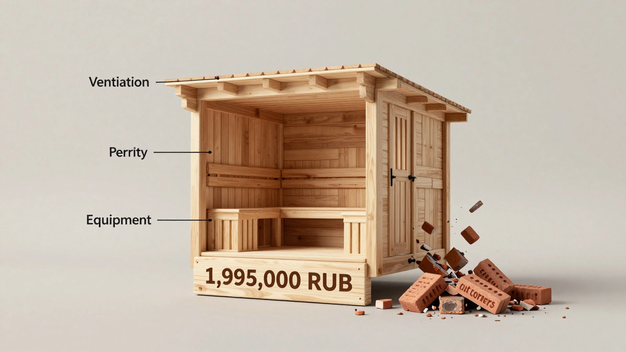 Деревянная сауна, собранная из финансовых компонентов бюджета, с разрушающимися элементами ошибок.