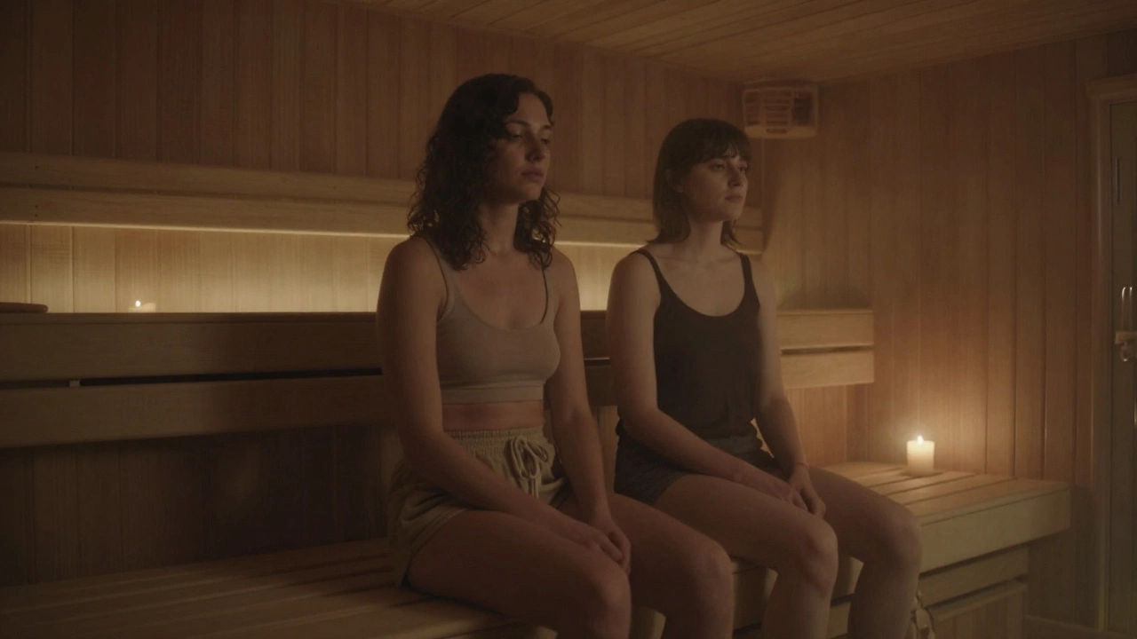 Два человека сидят молча в сауне вместе, тепло и тишина создают ощущение глубокой связи.