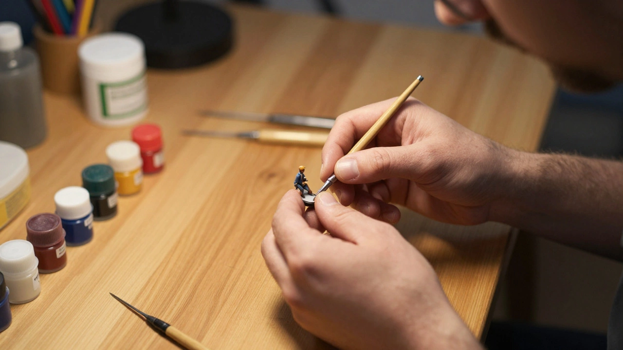 Крупный план рук, собирающих масштабную модель на столе