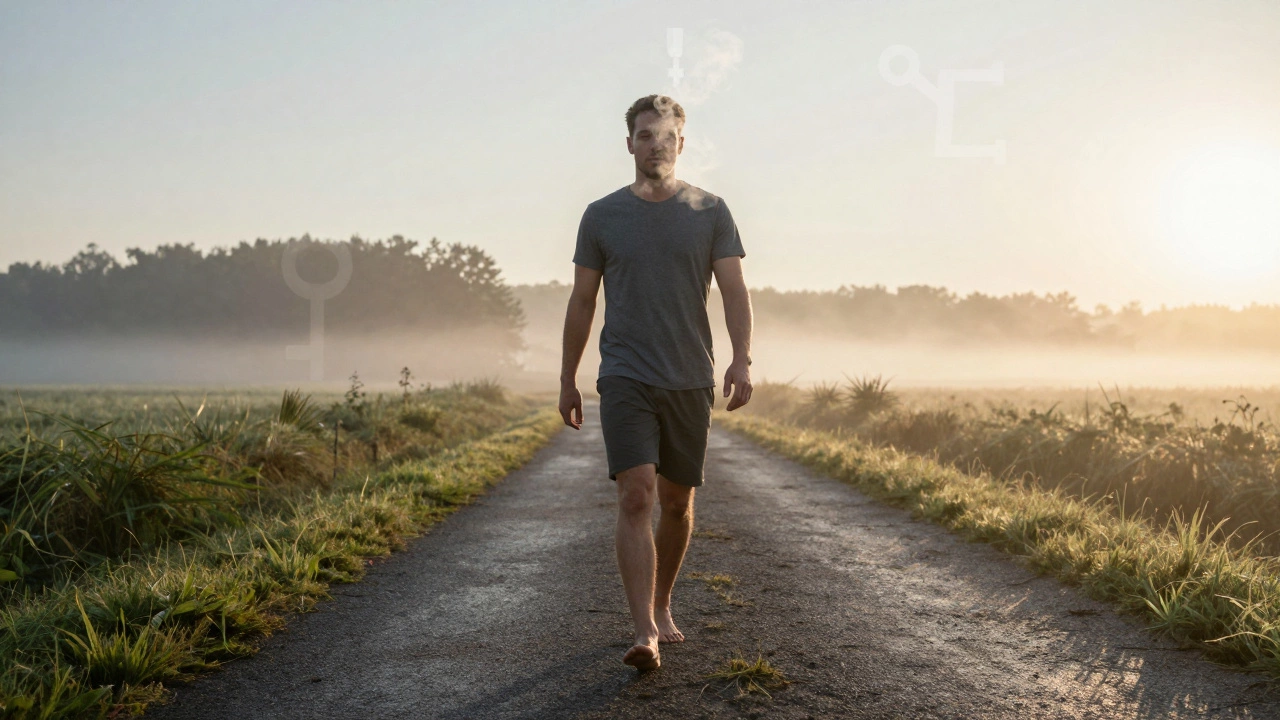 Мужчина гуляет на рассвете, дыхание видно в холодном воздухе.