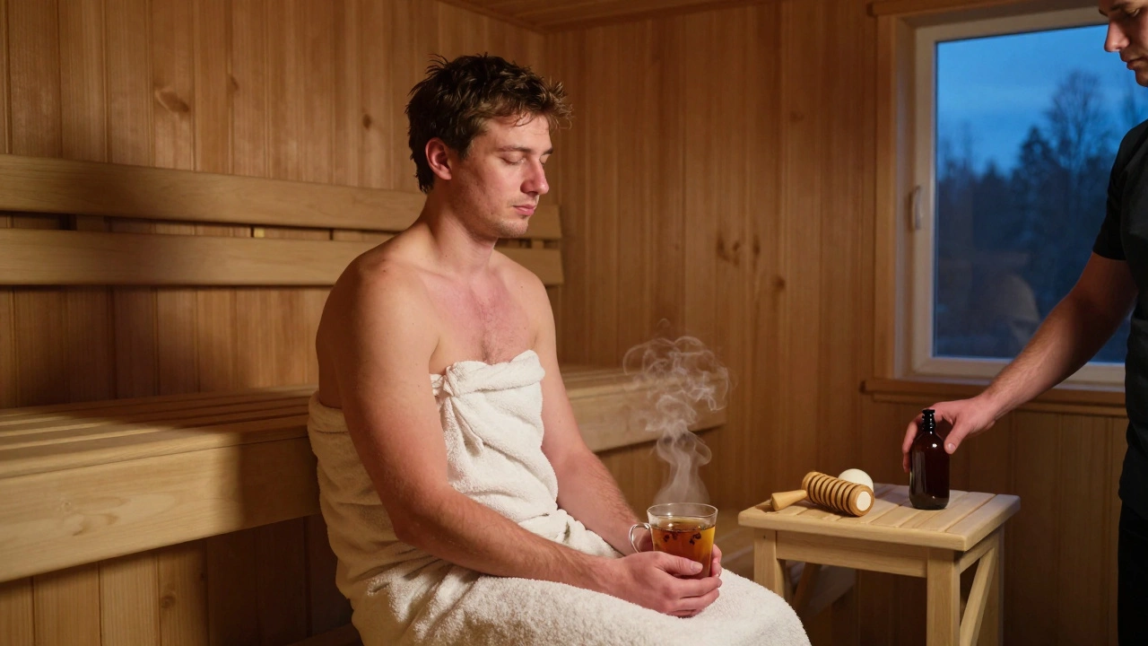 Мужчина отдыхает после сеанса саунного массажа, пьёт тёплый чай в тихой комнате отдыха.