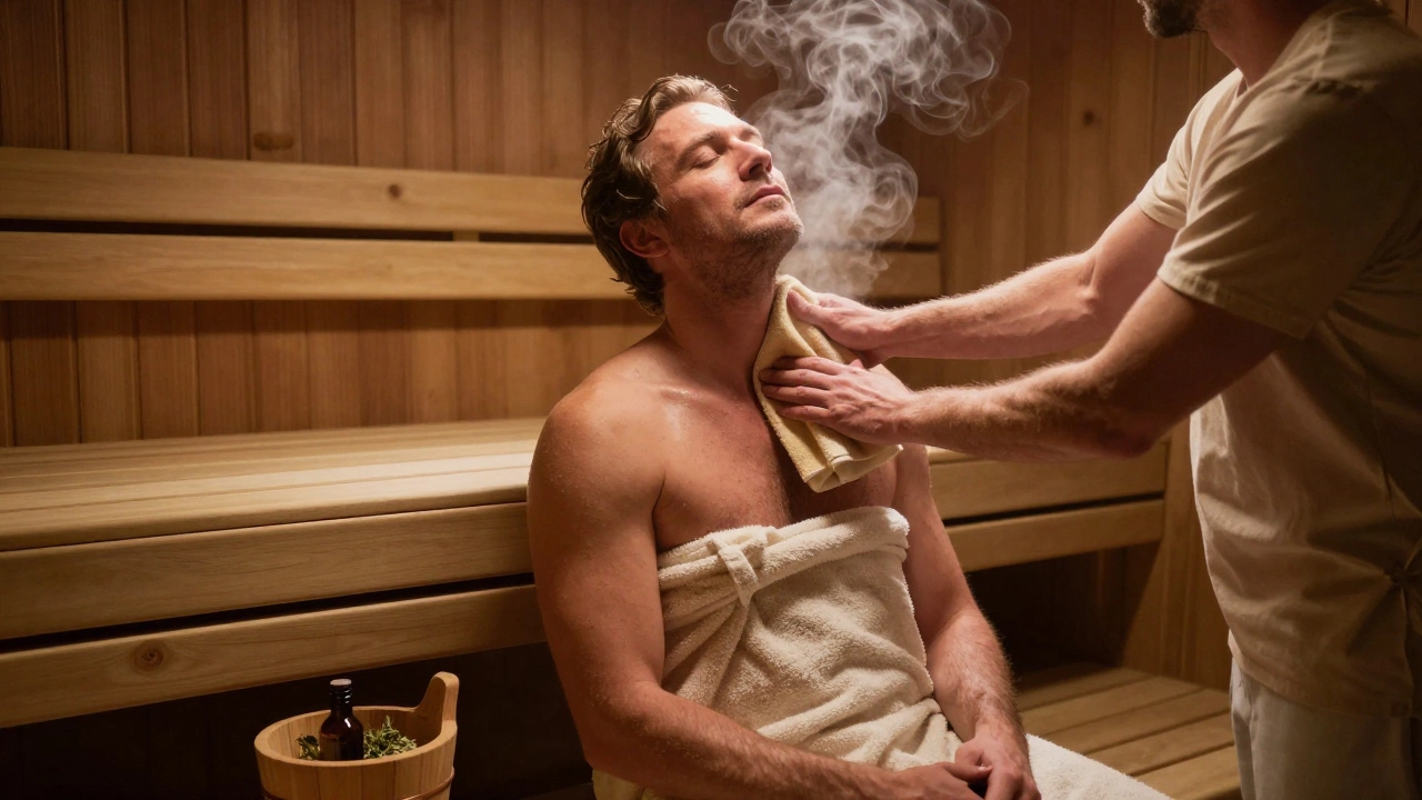 Мужчина после массажа в сауне сидит в полусвете, массажист аккуратно протирает его шею теплой тканью.