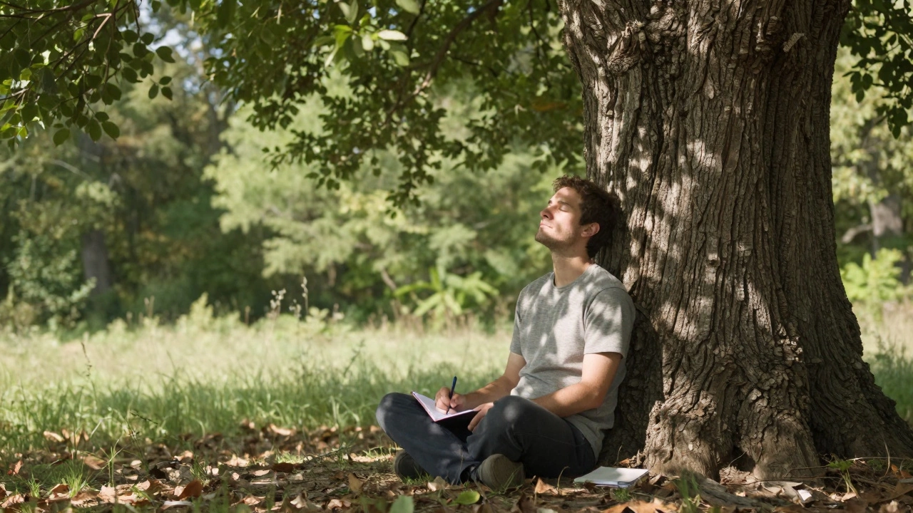 Мужчина сидит под деревом в лесу, рука на коре, рядом блокнот, солнечные блики на лице.