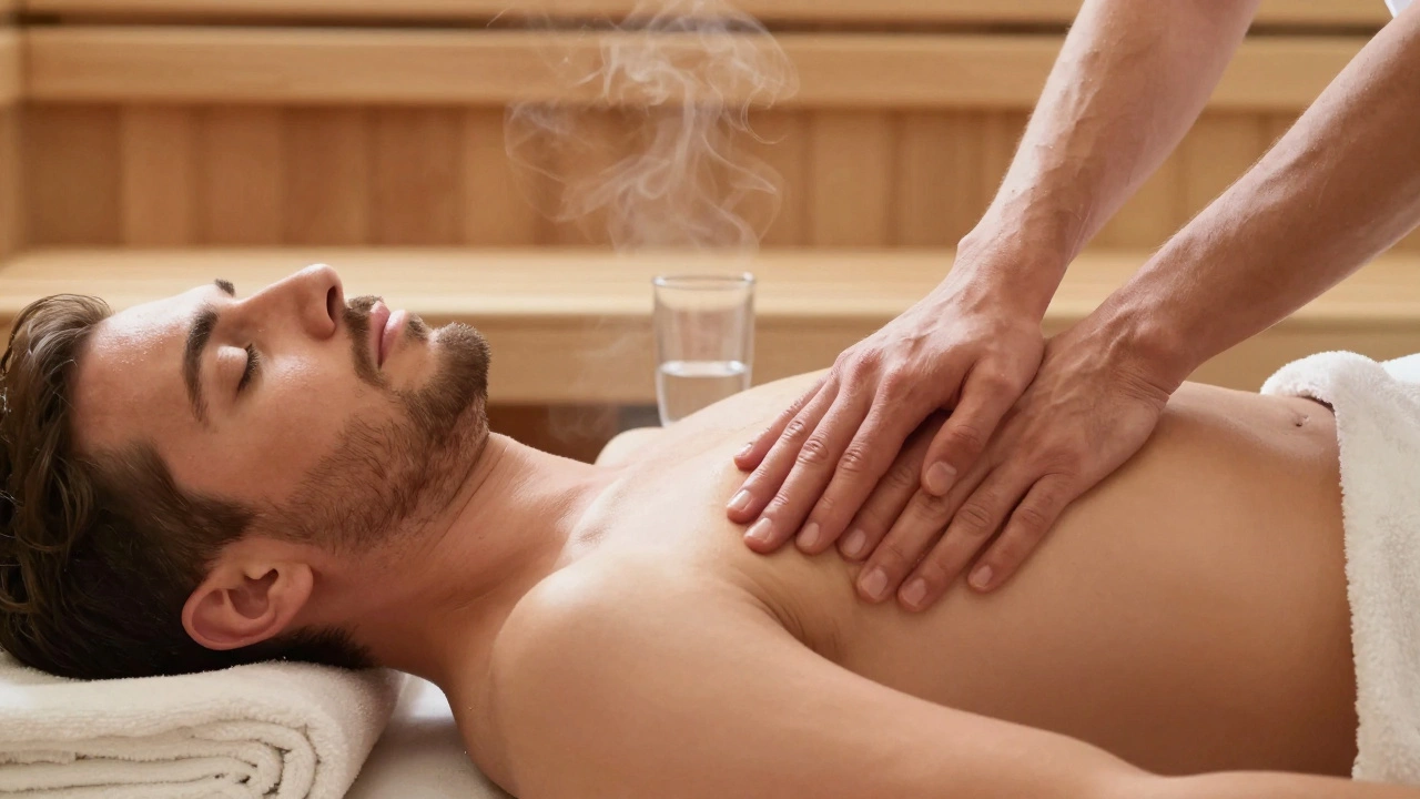 Рука человека мягко массирует область между ягодицами, лежа на спине в тихой комнате после сауны.