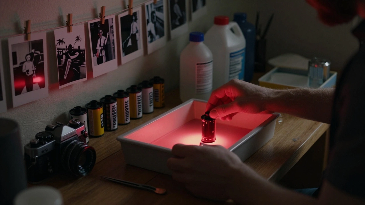 Руки мужчины в темной комнате проявляют пленку, рядом — старая камера и снимки, мягкий красный свет.