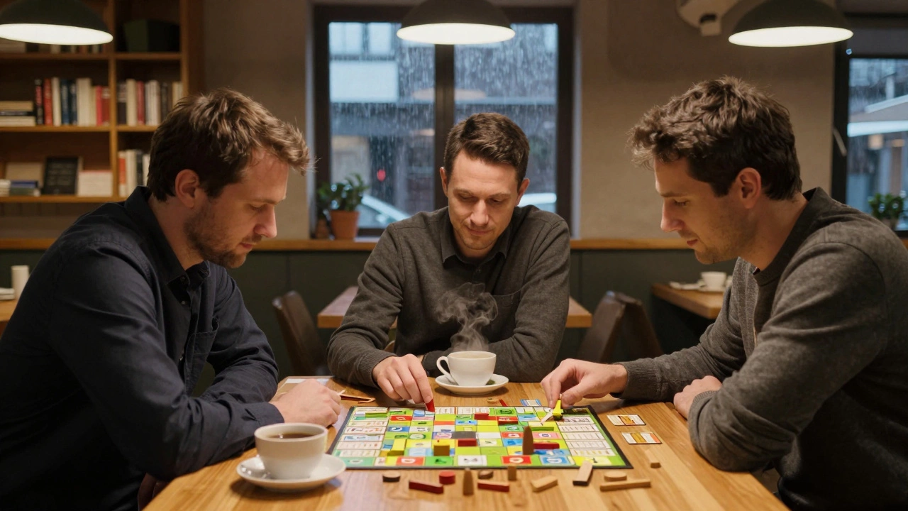 Трое мужчин играют в настольную игру в тихом кафе, ни один не говорит — только сосредоточенность.