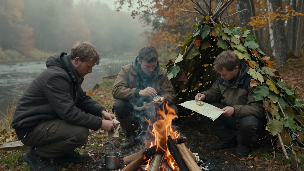 Трое мужчин у костра в лесу, один фильтрует воду, другой ориентируется по карте, третий строит укрытие из веток.