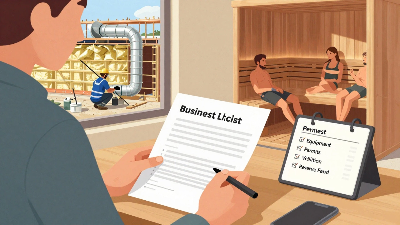 Владелец сауны изучает бюджет, на фоне — стройка и работающая сауна, на столе чек-лист расходов.