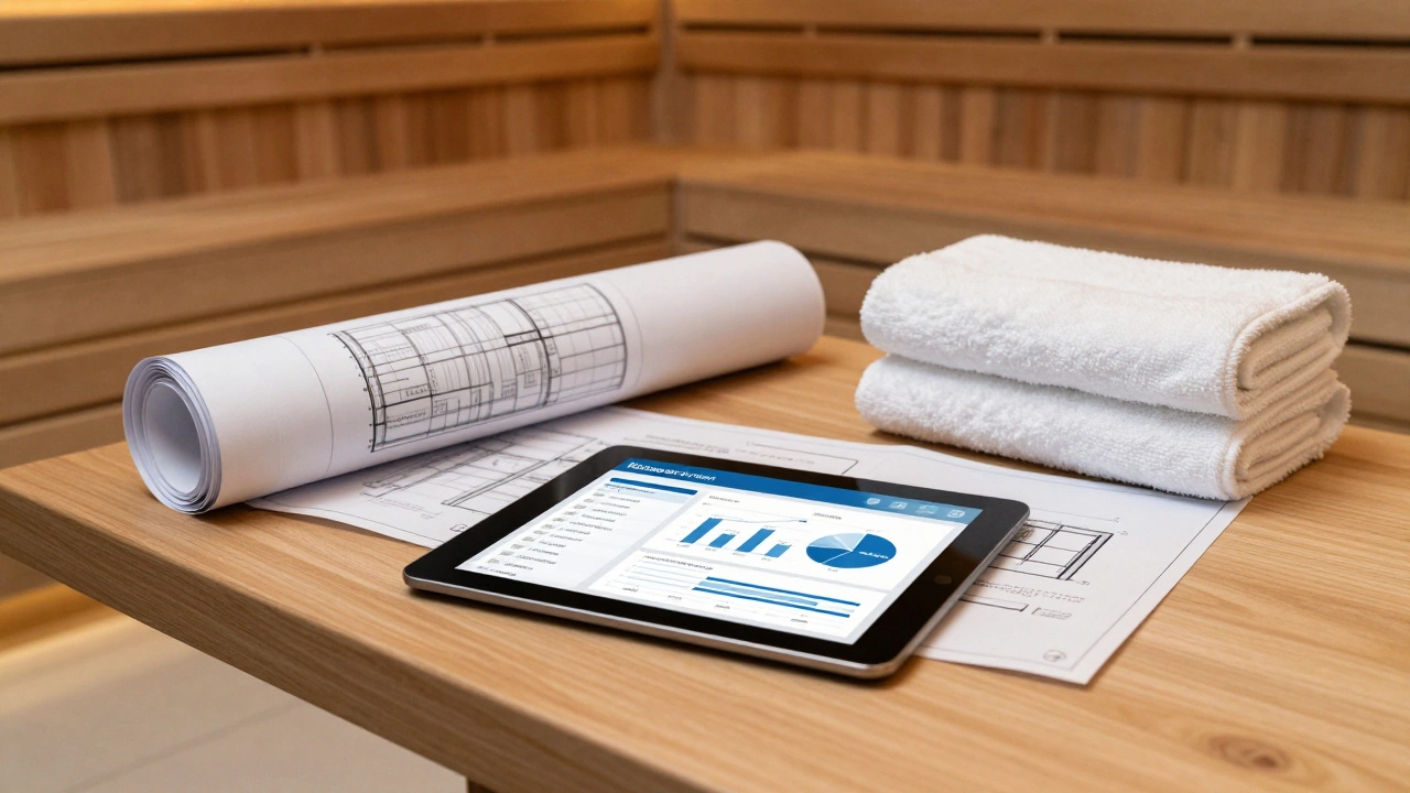 Бизнес-план и чертежи вентиляции на столе рядом с элементами спа