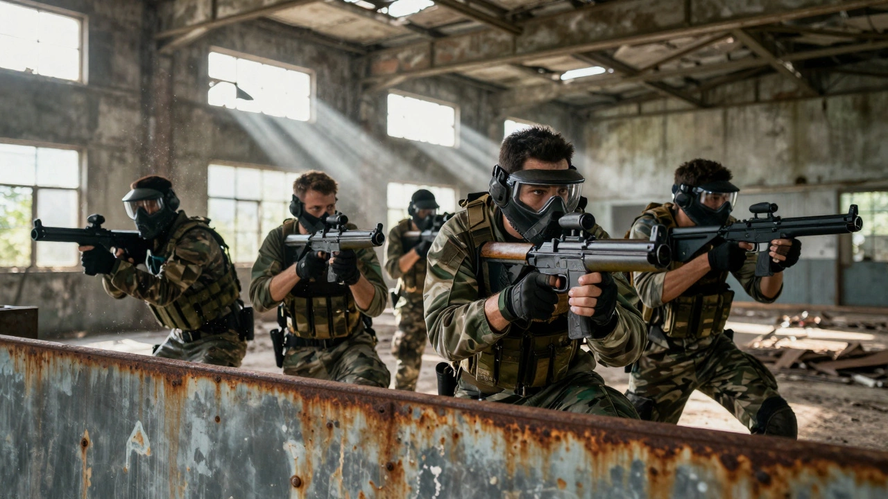Группа мужчин в тактическом снаряжении во время игры в страйкбол в индустриальном здании