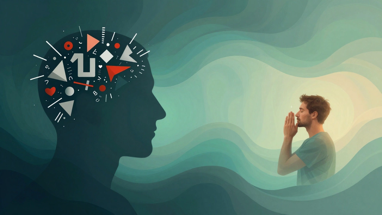 Концептуальное изображение перехода от стресса и шума в мыслях к спокойствию